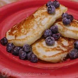 Mom made these buttermilk pancakes all the time when we were kids and she still makes them regularly. They are excellent with all kinds of toppings!