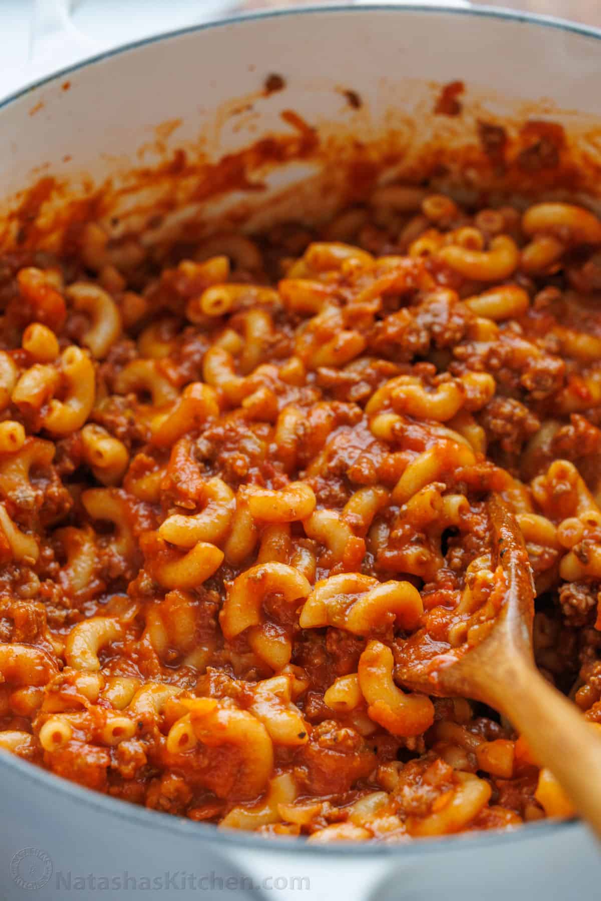 An easy, one-pot American Goulash with saucy ground beef, macaroni pasta, and cheese. It tastes like a homemade hamburger helper! Close up of American Goulash recipe
