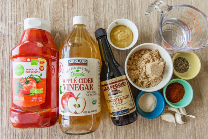 Not only is this homemade BBQ sauce the best you'll ever have, it's also much cheaper than buying it at the store. So easy to make, too! Overhead view of ingredients for homemade BBQ sauce