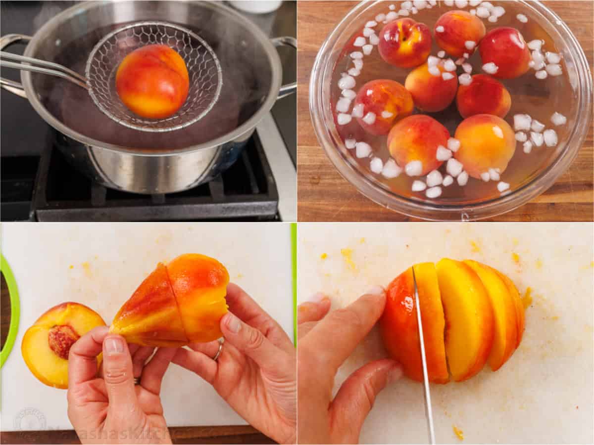 Easy homemade Peach Pie Recipe with pie crust made from scratch. This fool-proof recipe tastes amazing with ripe peaches. Gets rave reviews! How to prepare peaches for peach pie by blanching and slicing step by step tutorial