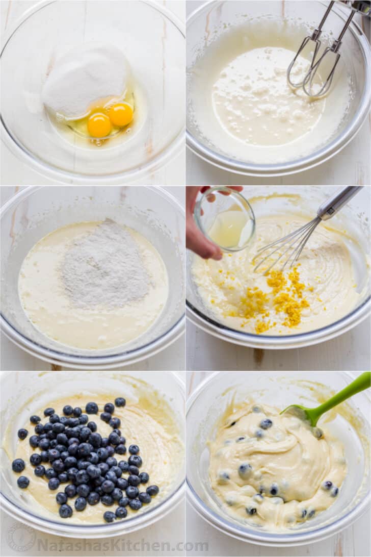 These lemon blueberry muffins are bursting with fresh blueberry flavor. This blueberry muffin recipe has a soft and moist crumb and they puff up perfectly. The easy lemon glaze recipe makes them completely irresistible and they always disappear fast! | natashaskitchen.com Step by step how to make blueberry muffins