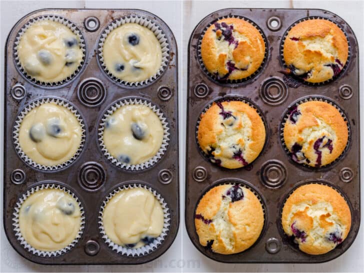 These Blueberry Muffins are bursting with juicy blueberries. They have a soft and moist crumb and puff up perfectly. The lemon glaze makes them completely irresistible and they always disappear fast! Before and after baking blueberry muffins in tin