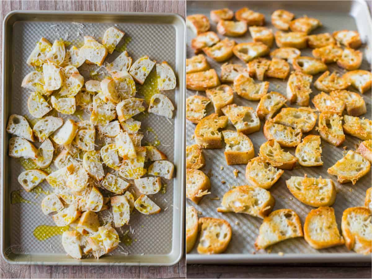 Caesar Salad with crisp homemade croutons and a light caesar dressing. This Classic Ceasar Salad Recipe will impress your dinner guests! #caesarsalad #caesarsaladrecipe #salad #saladrecipes #natashaskitchen #caesardressing #croutonsrecipe #homemadecroutons #howtomakecaesarsalad #easycaesarsalad #homemadecroutons #natashaskitchen Parmesan Garlic croutons on baking sheet
