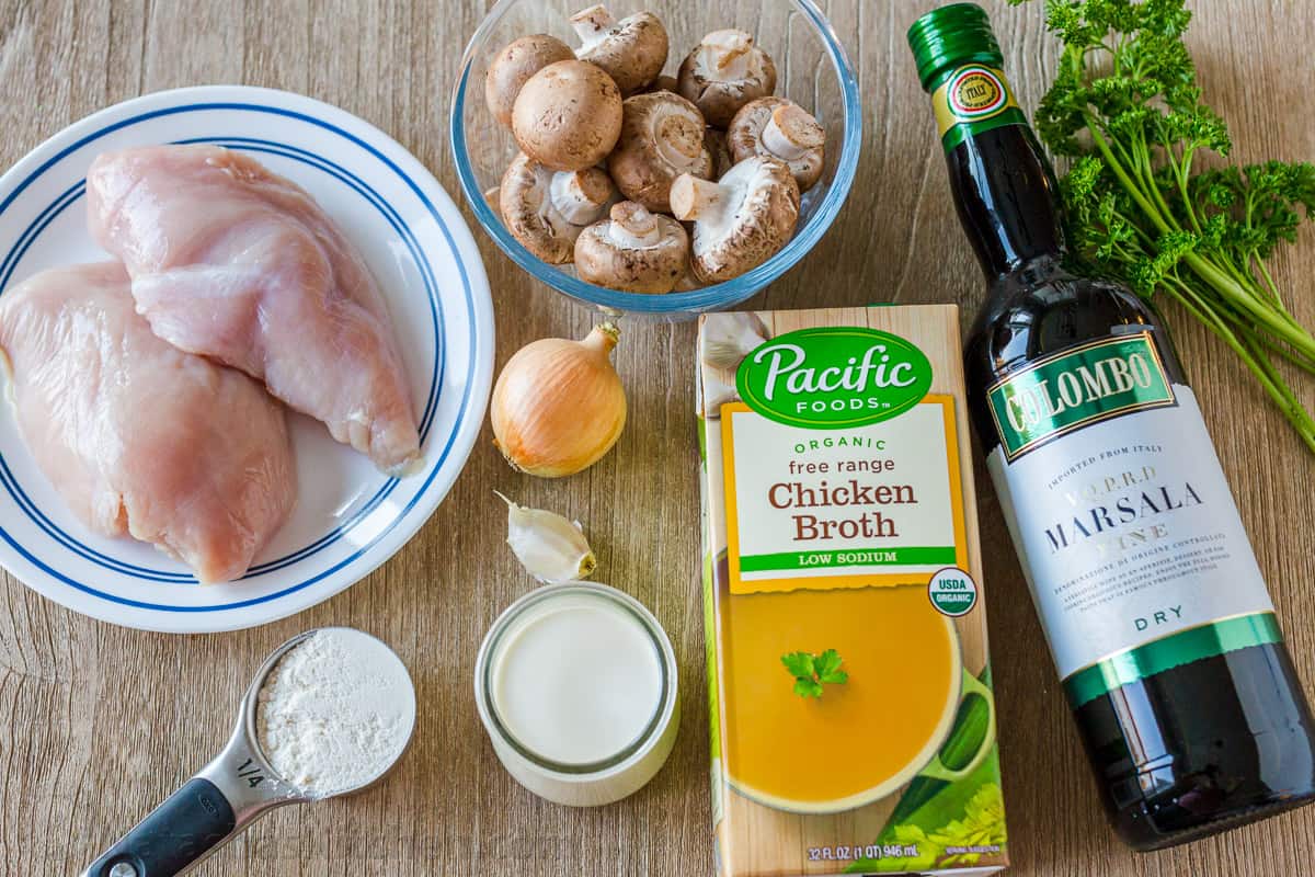 Ingredients for Making Marsala Chicken Chicken Marsala Ingredients: Raw Chicken, Onion, Garlic, Mushrooms, Chicken Broth, Dry Marsala Wine, Flour, Heavy Whipping Cream
