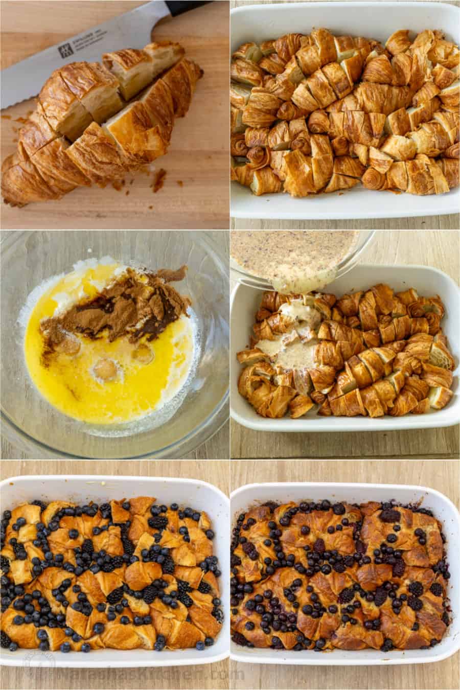 Easy Croissant French Toast Casserole with fresh berries is the best crowd-pleasing breakfast recipe. Refrigerate overnight for easy serving. Step-by-Step directions on how to make Breakfast Bake with day-old bread, custard, and blueberries