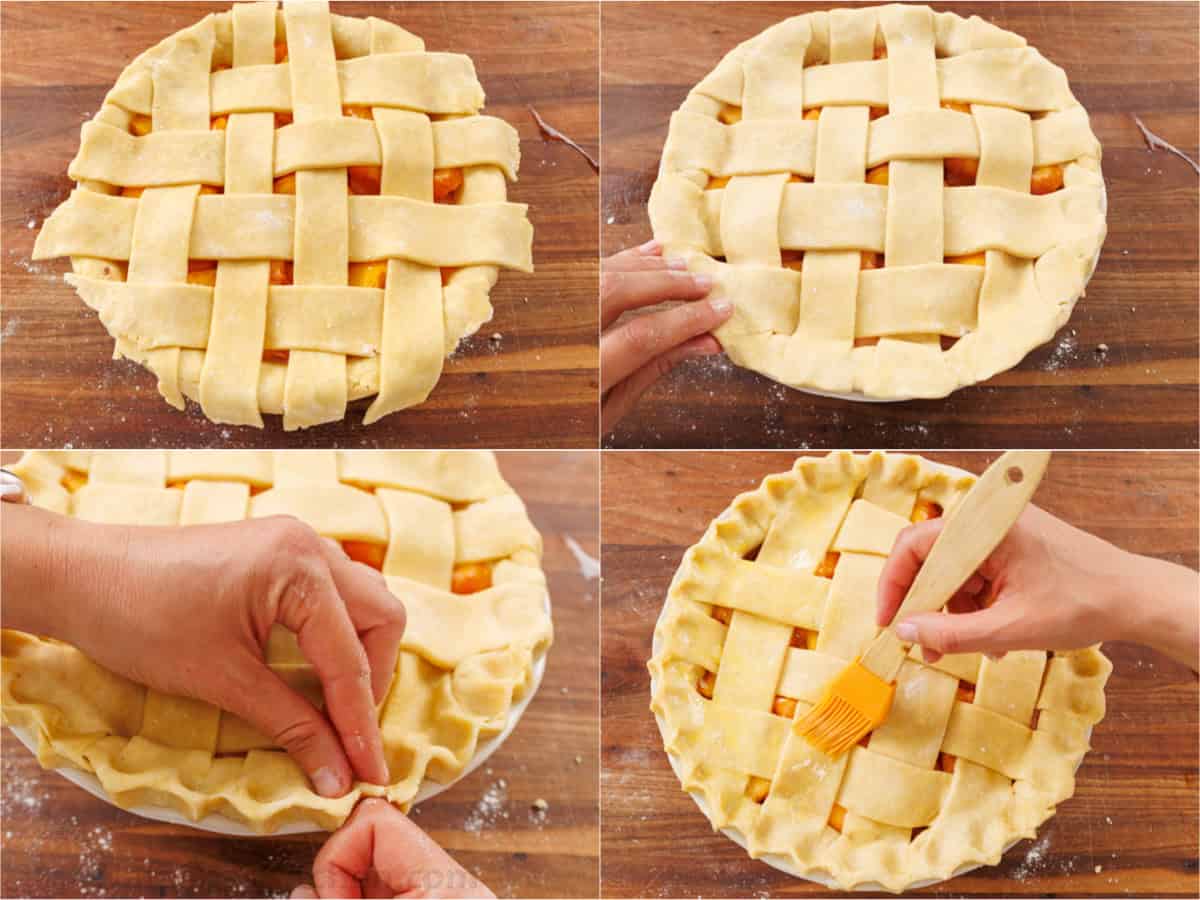 Easy homemade Peach Pie Recipe with pie crust made from scratch. This fool-proof recipe tastes amazing with ripe peaches. Gets rave reviews! How to form a lattice pie crust over a homemade peach pie step by step