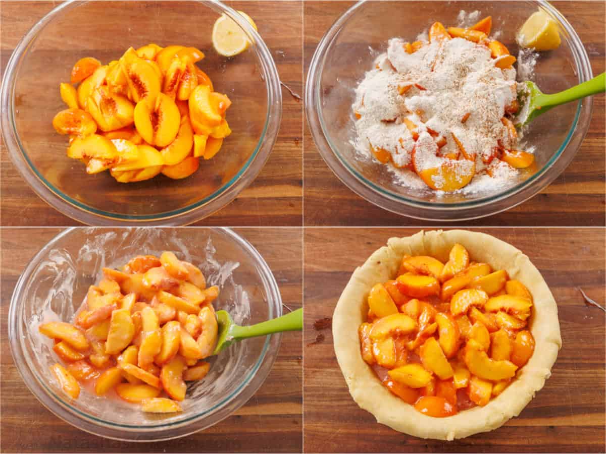 Easy homemade Peach Pie Recipe with pie crust made from scratch. This fool-proof recipe tastes amazing with ripe peaches. Gets rave reviews! How to Make Peach Pie Filling step by step collage