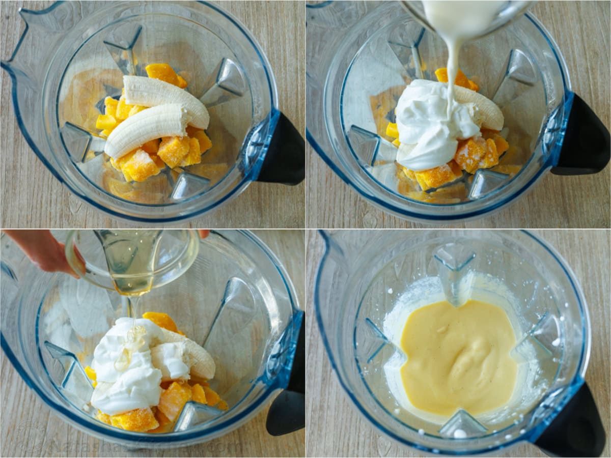 Easy Tropical Mango Smoothie recipe uses just 6 ingredients, like mango, lime, banana, and Greek yogurt, and takes under 5 minutes to make! How to make a mango smoothie step-by-step photos with ingredients in a blender including frozen mango, banana, yogurt, milk, and honey