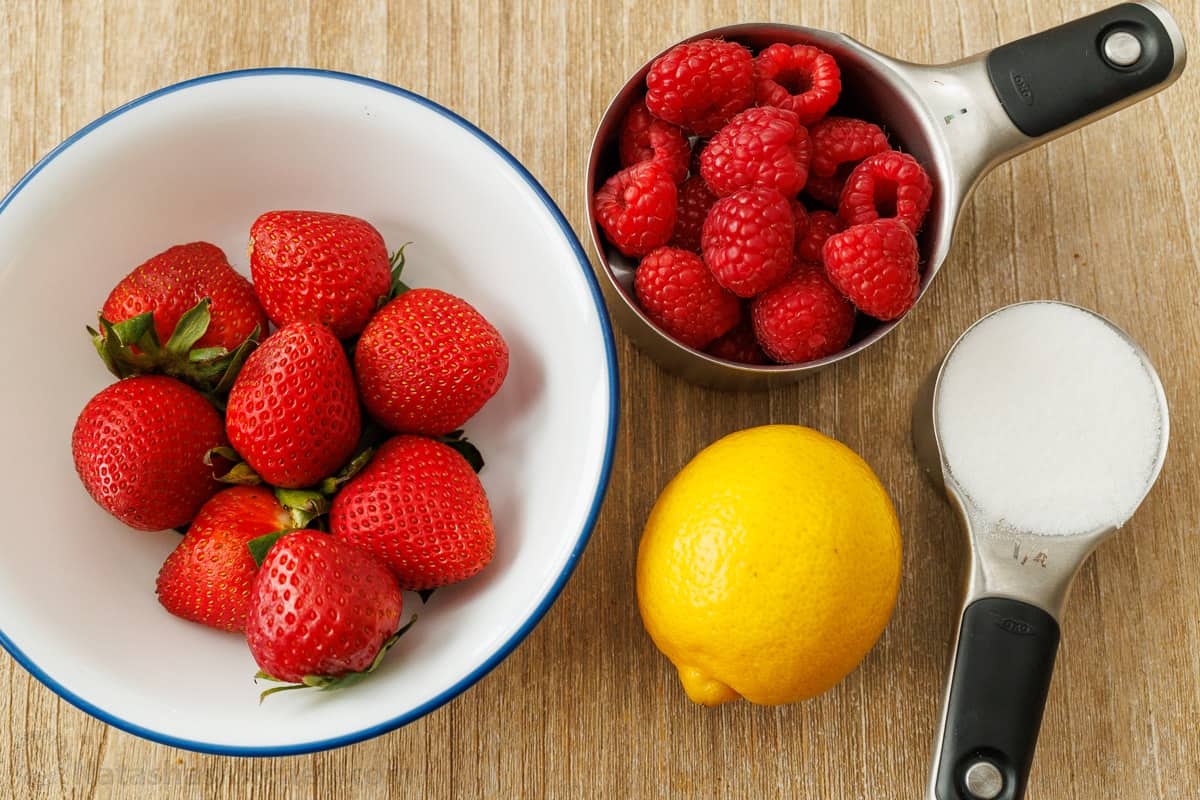 Berry Sauce topping ingredients Ingredients for Berry Sauce: Fresh strawberries and raspberries, lemon juice, sugar