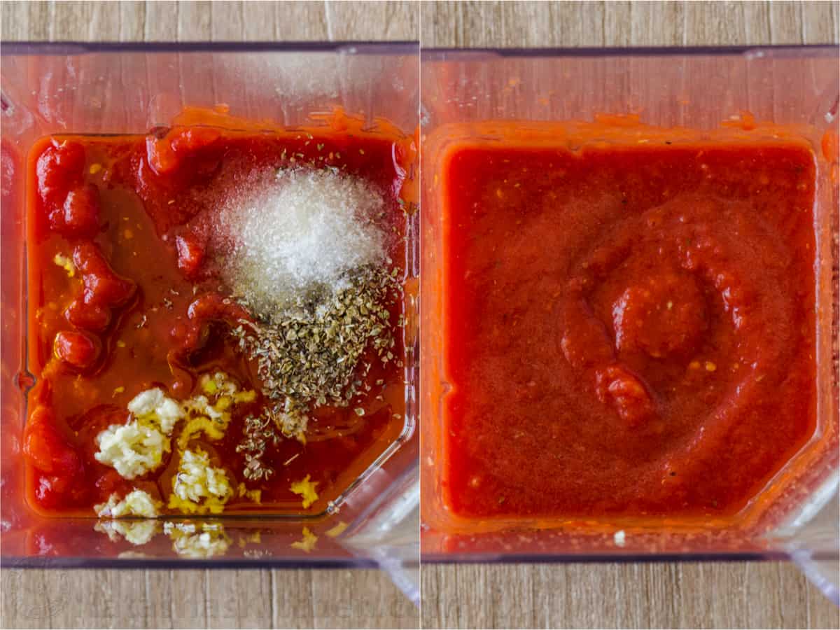 This easy pizza sauce makes for the most authentic homemade pizza. Red sauce for pizza takes just 5 minutes and 5 ingredients. No cooking! Blending tomatoes, salt, spices, garlic and olive oil in a blender for the best Italian breadstick dip