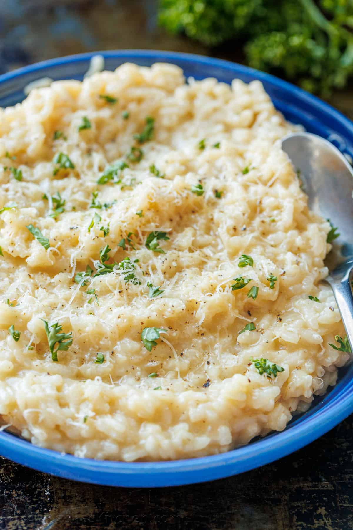 Creamy Parmesan Risotto is the ultimate Italian side dish. Learn how to make the best Risotto that can be modified in so many different ways. Risotto served in a blue plate