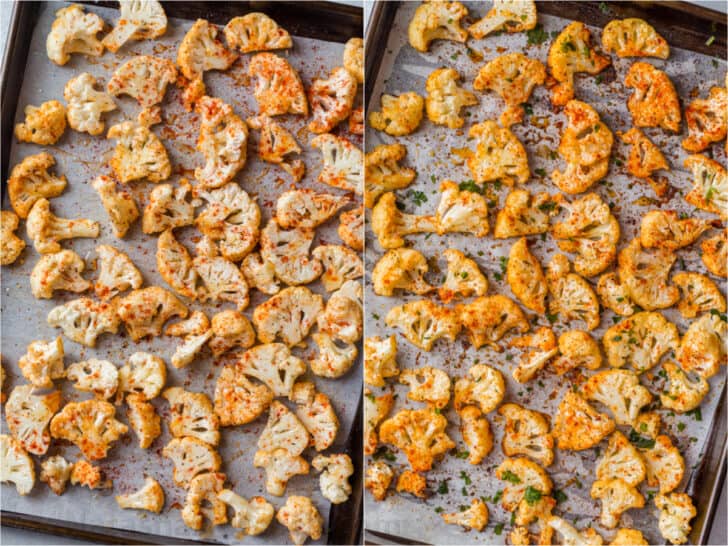 This EASY roasted cauliflower recipe will become your go to side dish, with sliced cauliflower florets tossed in a seasoning blend and drizzled in oil and butter. Collage of how to season the cauliflower and how to roast the cauliflower florets.