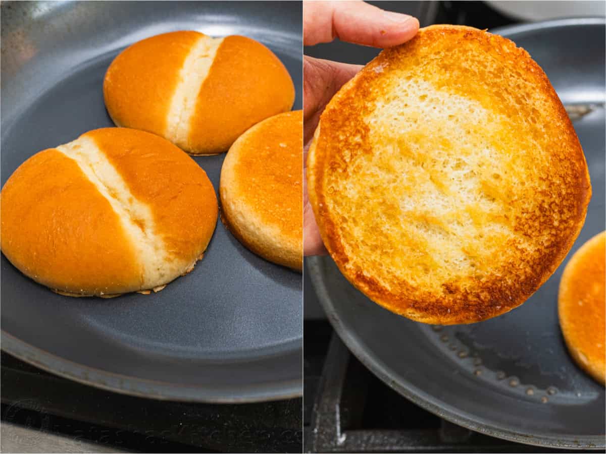 Buttering and toasting burger buns Toasting buttered buns for serving sloppy joes
