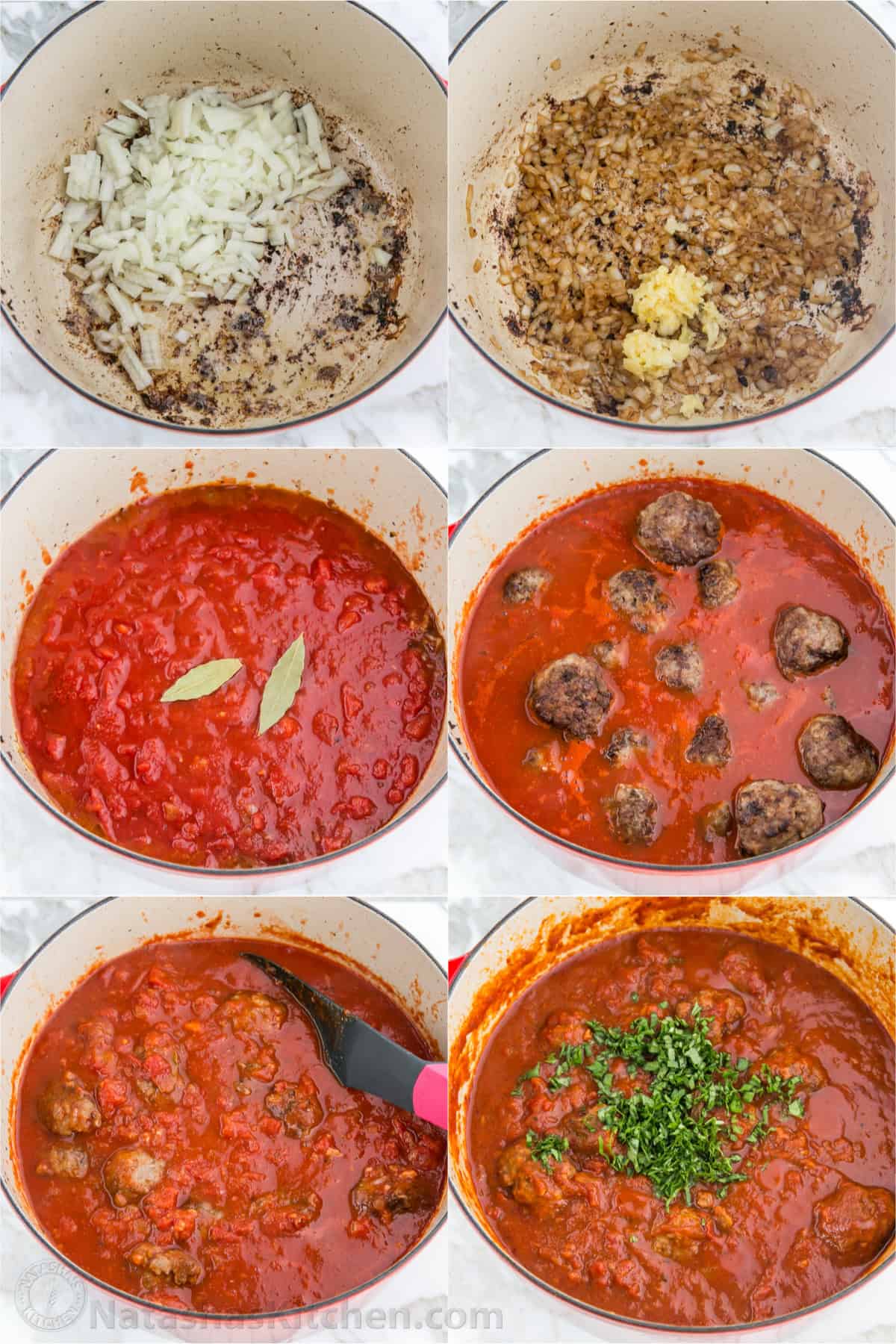 Best Spaghetti and Meatballs recipe made from scratch with homemade marinara sauce in about an hour. Try this classic beginner-friendly meal. Step by step collage how to make marinara sauce
