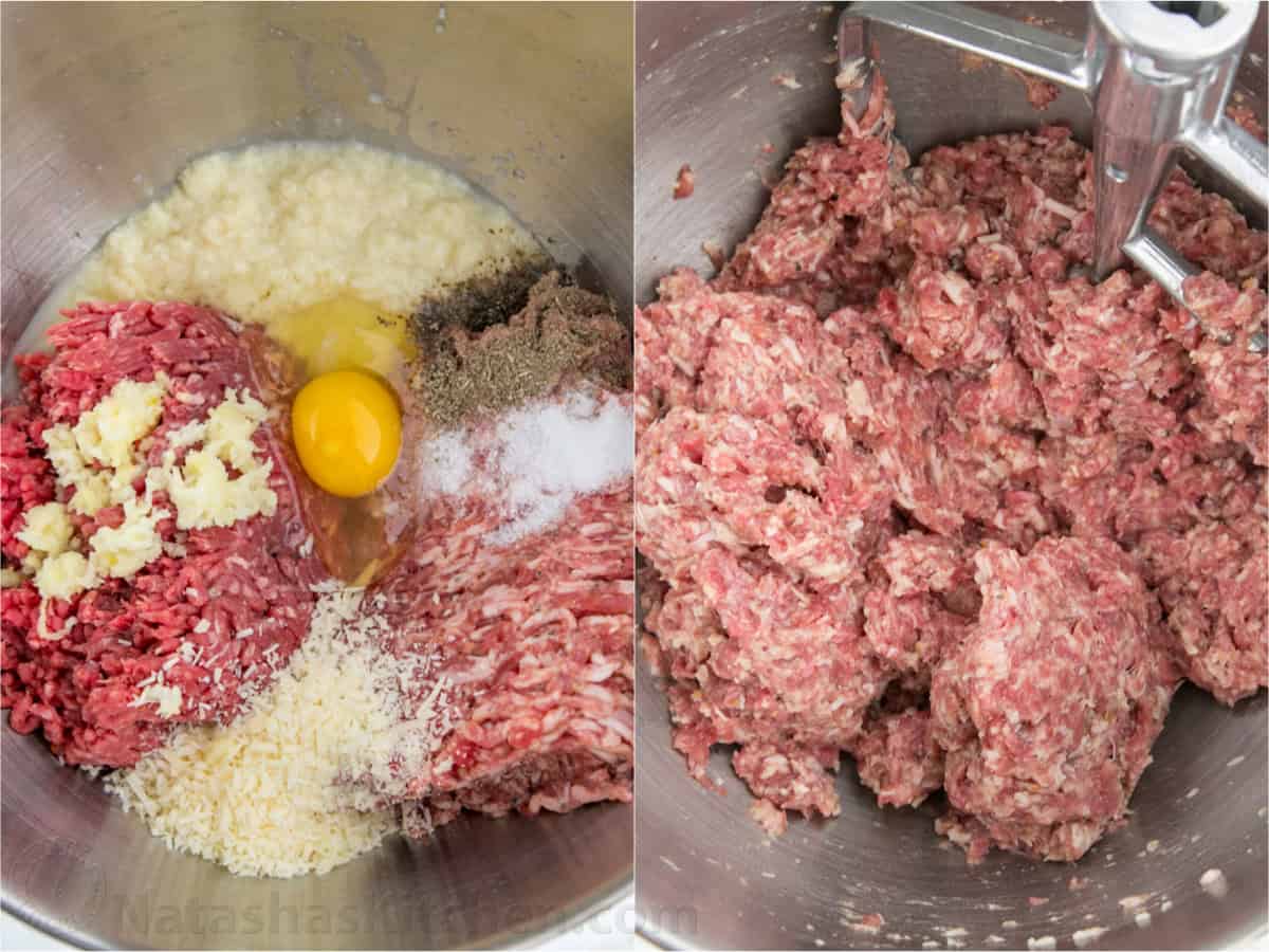Best Spaghetti and Meatballs recipe made from scratch with homemade marinara sauce in about an hour. Try this classic beginner-friendly meal. Meatball ingredients mixed in a Kitchenaid mixer bowl