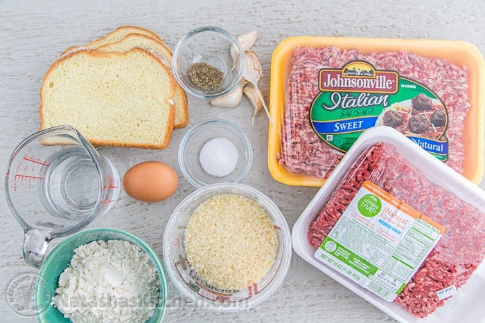 Best Spaghetti and Meatballs recipe made from scratch with homemade marinara sauce in about an hour. Try this classic beginner-friendly meal. Ingredents for making classic Italian pasta dish including Italian sausage, ground beef, white bread, salt, pepper, garlic, egg, water, flour and parmesan cheese
